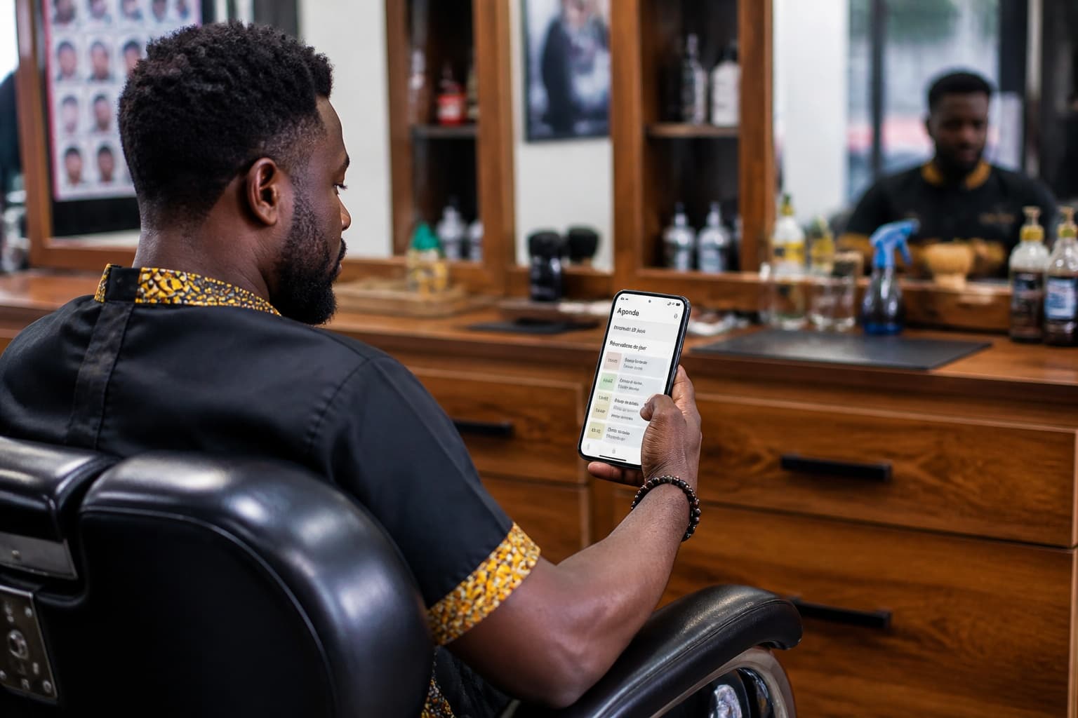 Coiffeur assis, consultant l'écran des réservations du jour sur son téléphone