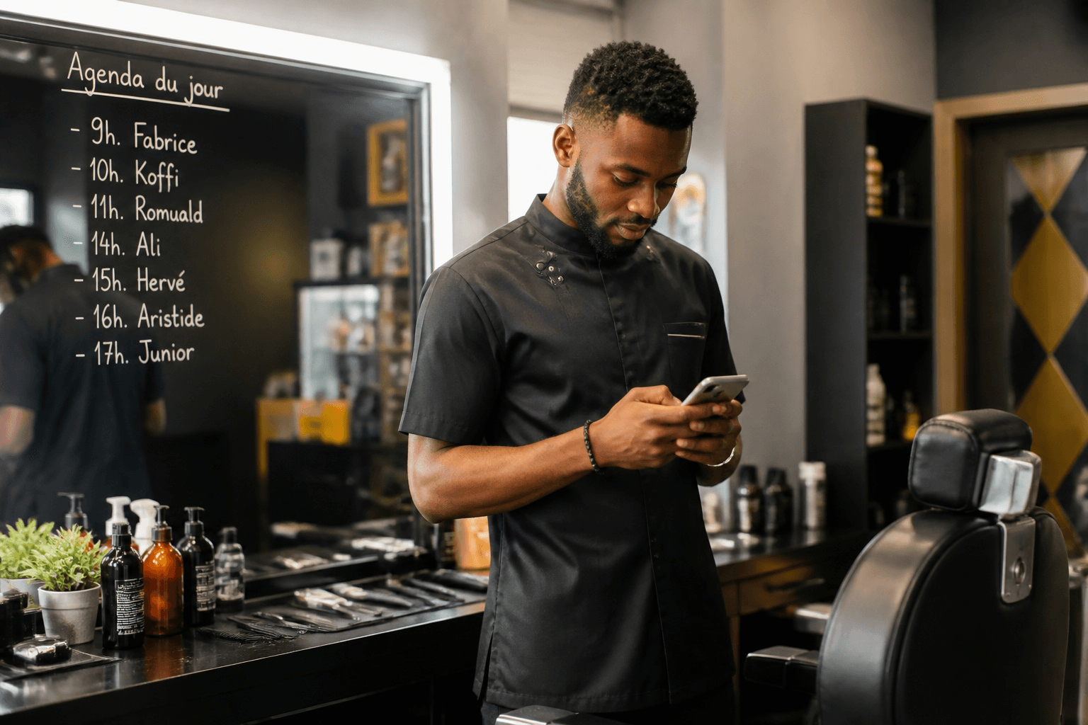Coiffeur consultant son téléphone devant l'agenda du jour écrit au tableau, avec la liste des rendez-vous