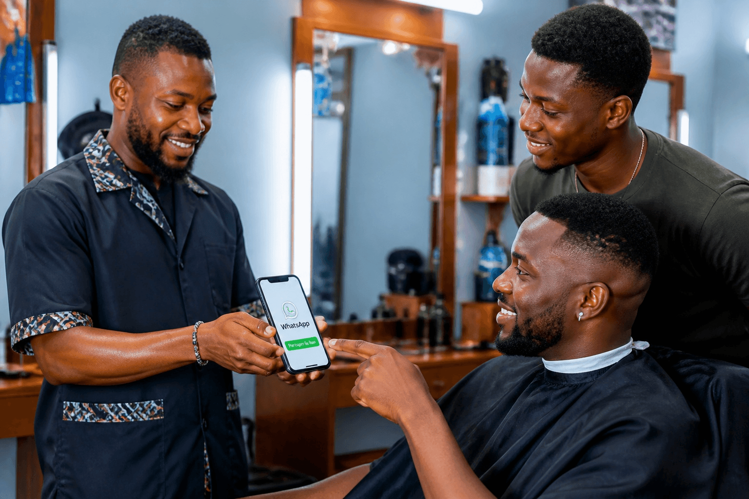 Un coiffeur montre l'écran WhatsApp de son téléphone à un client installé dans le fauteuil, un second client attend derrière
