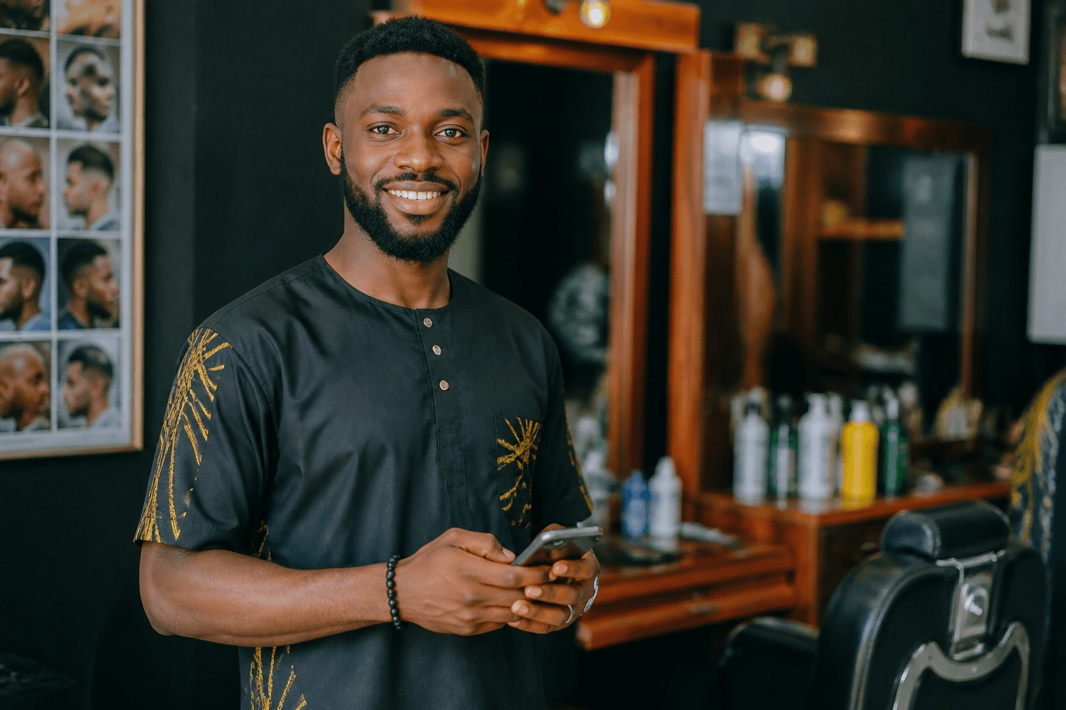 Portrait de Djo Mensah, coiffeur, souriant avec son téléphone à la main
