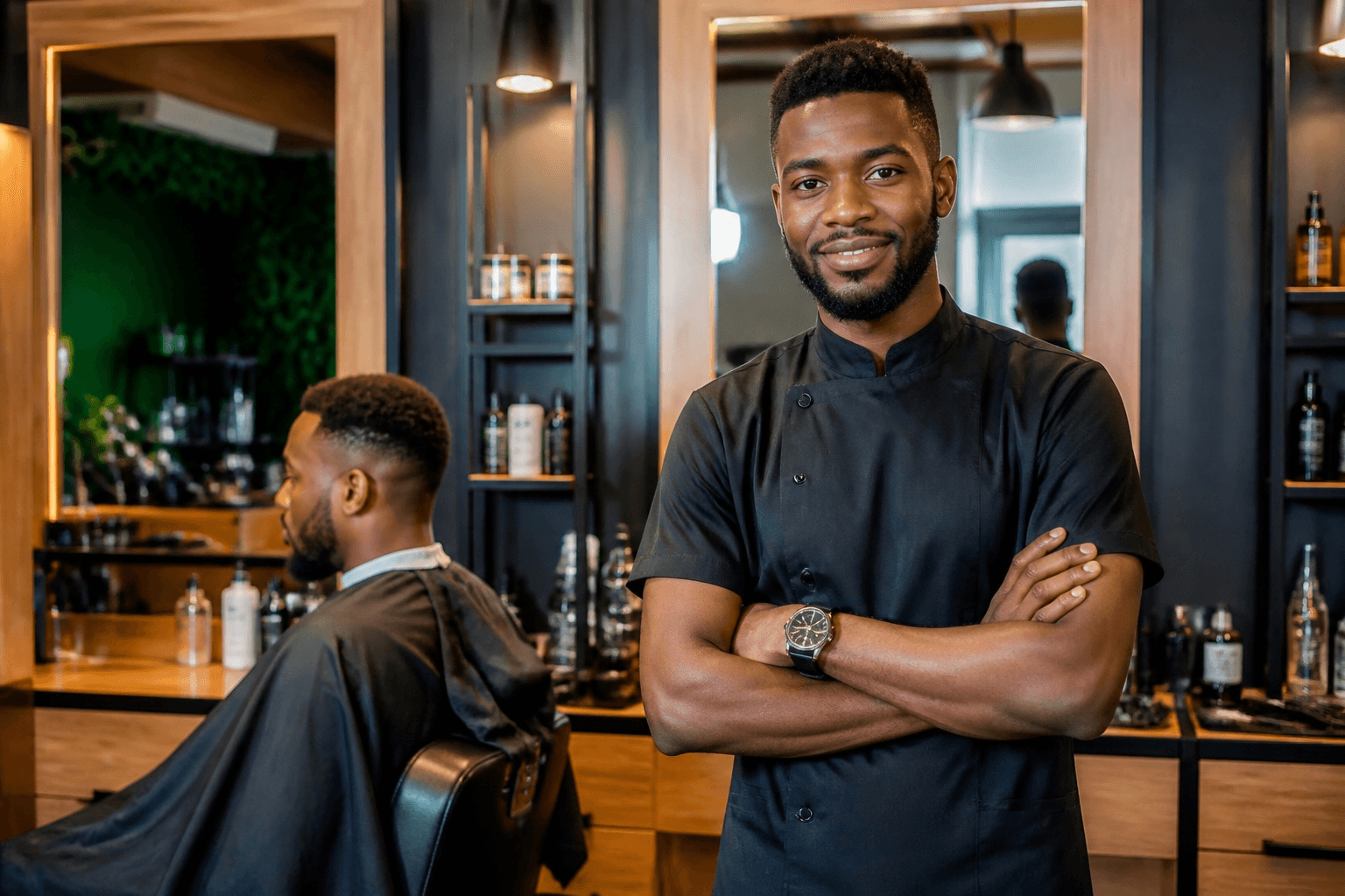 Portrait de Kevin Zinsou, coiffeur, bras croisés dans son salon